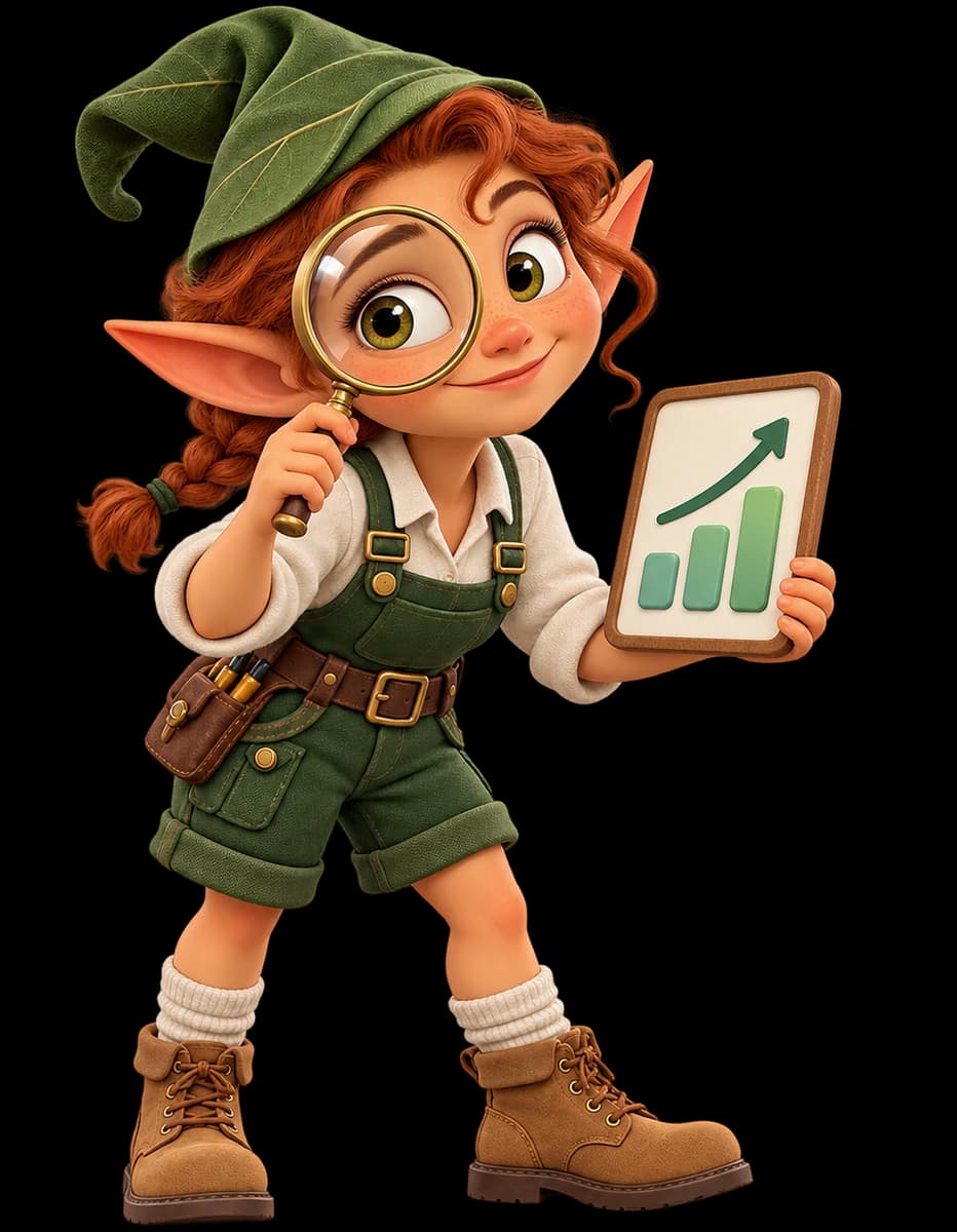 Juno, the SEO elf, with a magnifying glass and a rising chart